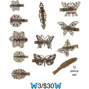 12 Piece Set of Bronze Hair Clips (Butterfly, Flower, Feather Hair Accessories)